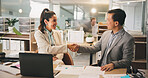 Collaboration, handshake and meeting with business people in office for agreement or deal. Documents, laptop and partnership with employee team in corporate workplace for congratulations or contract