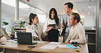 Collaboration, meeting and update with business people in office for development or discussion. Laptop, planning and tablet with employee team in corporate workplace for conversation or strategy