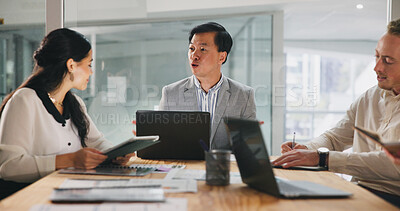 Buy stock photo Collaboration, management and meeting with business people in office for development or discussion. Laptop, planning and tablet with corporate team in workplace for conversation, strategy or update