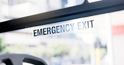 Buy stock photo City, travel and window of bus, emergency exit and safety in public transport, empty and information. Commuting, precaution and guide for escape from vehicle, glass and words for regulations on trip
