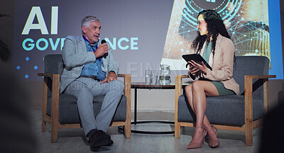 Buy stock photo Seminar, interview and people at screen for presentation, AI governance and risk management for ethical usage. Government official, woman and tablet on stage for feedback, policy guidelines and FAQ