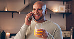 Happy man, juice and phone call in home for communication, conversation or talking with beverage. News, feedback and male person thinking with smile in living room, lounge or house for  on mobile 
