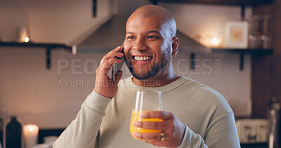 Buy stock photo Happy man, juice and phone call in home for communication, conversation or talking with beverage. News, feedback and male person thinking with smile in living room, lounge or house for  on mobile 
