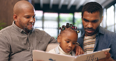 Buy stock photo Reading book, girl and queer couple with kid, bonding together and learning with happiness. Home, men and parents with adoption, daughter and storytelling with knowledge, relationship and relaxing