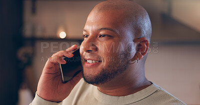 Buy stock photo Man, night and phone call in home for communication, conversation or talking for story. Ideas, feedback and male person thinking with smile or news in living room, lounge or house for chat on mobile