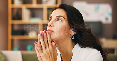 Buy stock photo Thinking, decision and woman in home on sofa with idea for issue, planning and reflection in living room. Apartment, morning and thoughtful person with worry, overthinking and wondering in house