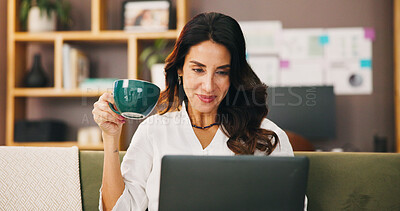 Buy stock photo Coffee, laptop and remote worker with woman in home office for research, planning and reading. Freelancer, online review and copywriting with person and tea cup in living room for business feedback