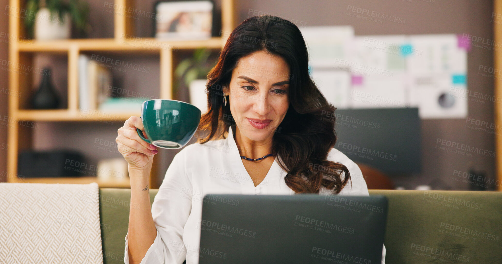 Buy stock photo Coffee, laptop and remote worker with woman in home office for research, planning and reading. Freelancer, online review and copywriting with person and tea cup in living room for business feedback