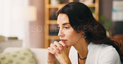 Buy stock photo Thinking, stress and woman in home on sofa with anxiety for issue, problem and reflection in living room. Apartment, morning and thoughtful person with worry, overthinking and wondering in house