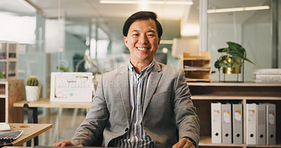 Buy stock photo Portrait, business and happy Asian man in office as insurance agent, risk advisor and claims specialist. Smile, professional and confident employee at work with policy broker or coverage consultant