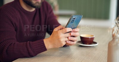 Buy stock photo Man, hands and phone in cafe for message, social media or typing in texting app. Male customer, coffee and cellphone in restaurant for connectivity, communication or online dating site for networking