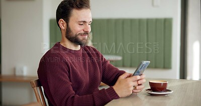 Buy stock photo Man, smile and phone in cafe for message, social media or typing in texting app. Male customer, coffee and cellphone in restaurant for connectivity, communication or online dating site for networking