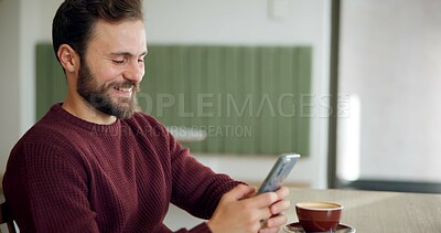 Buy stock photo Man, smile and phone in coffee shop for message, social media or typing in texting app. Customer, cafe and cellphone in restaurant for connectivity, communication or online dating site for networking