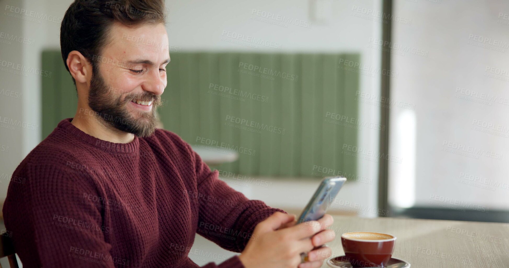 Buy stock photo Man, smile and phone in coffee shop for message, social media or typing in texting app. Customer, cafe and cellphone in restaurant for connectivity, communication or online dating site for networking