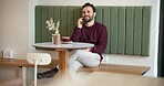 Man, phone call and smile with talk at cafe, listen and networking for online dating with arrangement. Person, customer and excited for planning, communication and conversation at coffee shop