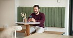 Man, hands and smartphone in cafe for message, social media or typing in texting app. Male customer, coffee shop and phone for connectivity, communication or online dating site for networking