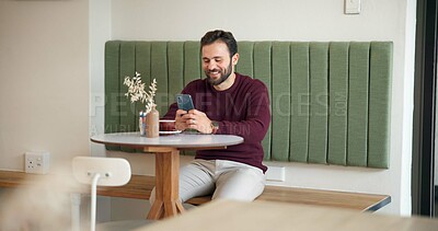 Buy stock photo Man, hands and smartphone in cafe for message, social media or typing in texting app. Male customer, coffee shop and phone for connectivity, communication or online dating site for networking