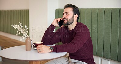 Buy stock photo Man, phone call and smile with talk at coffee shop, listen and networking for online dating with arrangement. Person, customer and excited for planning, communication and conversation at cafe