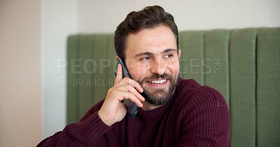 Buy stock photo Man, phone call and smile with planning at coffee shop, listen and networking for online dating with arrangement. Person, customer and excited for talk, communication and conversation at cafe