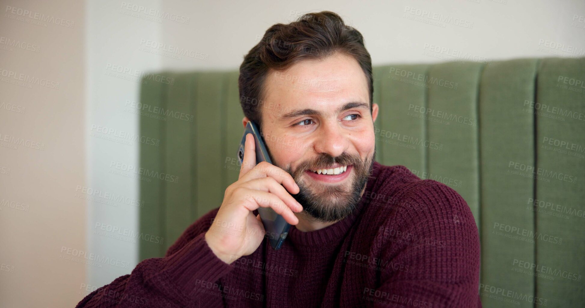 Buy stock photo Man, phone call and smile with planning at coffee shop, listen and networking for online dating with arrangement. Person, customer and excited for talk, communication and conversation at cafe