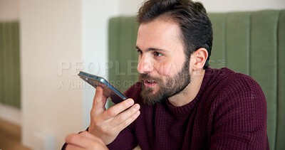 Buy stock photo Man, phone and voice note with planning at coffee shop, listen and networking for online dating with arrangement. Person, customer and excited for talk, communication and conversation at cafe