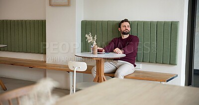 Buy stock photo Thinking, waiting and relax with man in cafe for customer service, lunch order and date. Hospitality, reflection and late appointment with person in coffee shop for vision, cafeteria  and restaurant