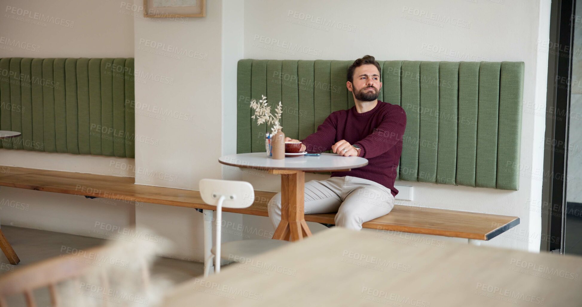 Buy stock photo Thinking, waiting and relax with man in cafe for customer service, lunch order and date. Hospitality, reflection and late appointment with person in coffee shop for vision, cafeteria  and restaurant