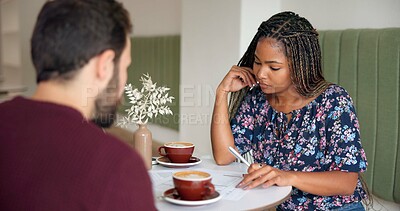 Buy stock photo Coffee shop, meeting and people with documents for planning, discussion and business proposal. Startup, restaurant and man with woman for project, paperwork and collaboration or partnership in cafe