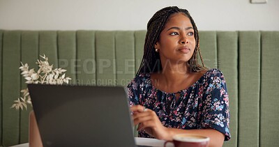 Buy stock photo Freelancer, laptop and thinking in coffee shop for internet blog, startup planning and proposal. Research, copywriter and creative black woman with remote work, technology and small business review