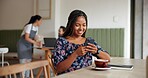 Happy woman, typing and chatting with phone at cafe for remote work, email or social media. Female person, customer or freelancer with smile on mobile smartphone for communication app at coffee shop