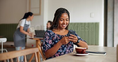 Buy stock photo Happy woman, typing and chatting with phone at cafe for remote work, email or social media. Female person, customer or freelancer with smile on mobile smartphone for communication app at coffee shop