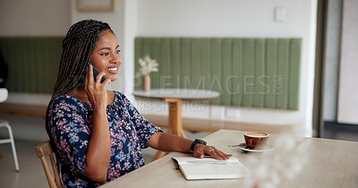 Buy stock photo Phone call, journalist and woman in cafe with notebook for source, breaking news and talking. Smile, listen or writer with diary in coffee shop for remote work, contact and planning for story facts
