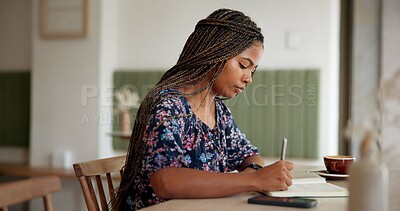 Buy stock photo Notebook, writing and planning with black woman in cafe for schedule appointment, menu review or inspiration. Calendar and restaurant critic with person in coffee shop for agenda or customer feedback