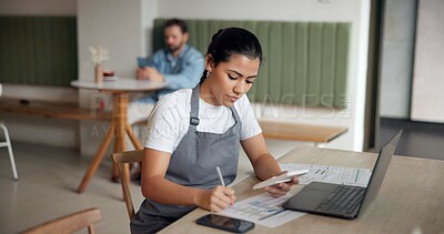 Buy stock photo Coffee shop, finance and woman on laptop in cafe for menu items, inventory and order checklist. Restaurant, hospitality and owner on computer with calculator for internet, budget and financial review