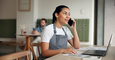 Buy stock photo Coffee shop, phone call and woman with documents in cafe for menu items, inventory and online order. Restaurant, hospitality and store manager on computer for contact, planning and communication