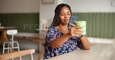 Buy stock photo Phone, woman and photography with matcha in cafe for social media post, wellness blog and online review. Influencer, african person and picture with organic tea in diner for nutrition update or relax