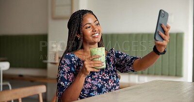 Buy stock photo Happy, woman and selfie with matcha in cafe for social media post, wellness blog and online memory. Influencer, African girl and photography with organic tea in restaurant for profile picture update