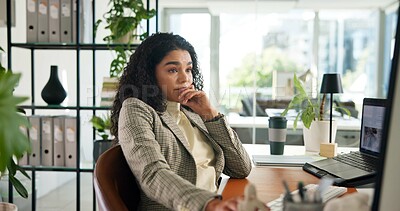 Buy stock photo Business thinking and woman in office, computer and confused with planning, decision and online reading. Person, copywriting and journalist in workplace, pc and doubt with stress, solution and email 