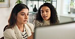 Meeting, office and business women on computer for planning, online project and copywriting. Creative agency, professional and people on pc for research, publishing feedback and website article