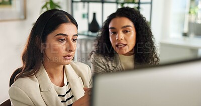 Buy stock photo Meeting, office and business women on computer for planning, project collaboration and copywriting. Creative agency, teamwork and people on pc for research, publishing feedback and website article