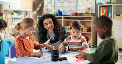 Buy stock photo Drawing, education and teacher with children in classroom for learning, students and creative art. Growth, kindergarten and academy with woman and kids at school for helping and child development
