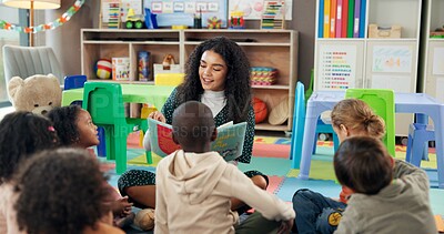 Buy stock photo Reading, learning and teacher with children in classroom for education, books and students. Growth, kindergarten and academy with woman and kids at school for youth, story time and child development