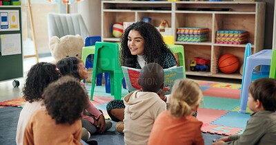 Buy stock photo Reading, education and teacher with children in classroom for learning, books and students. Growth, kindergarten and academy with woman and kids at school for youth, story time and child development