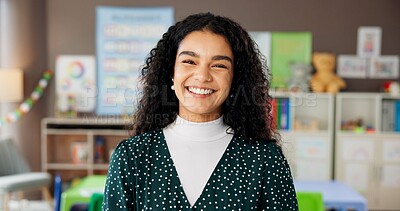 Buy stock photo Woman, teacher and portrait in classroom with smile, confidence and montessori about us. Educator, kindergarten and happy in school for education, career pride and passion for child development
