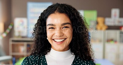 Buy stock photo Woman, teacher and portrait in school with smile, confidence and montessori about us. Educator, kindergarten and happy in classroom for education, career pride and passion for child development
