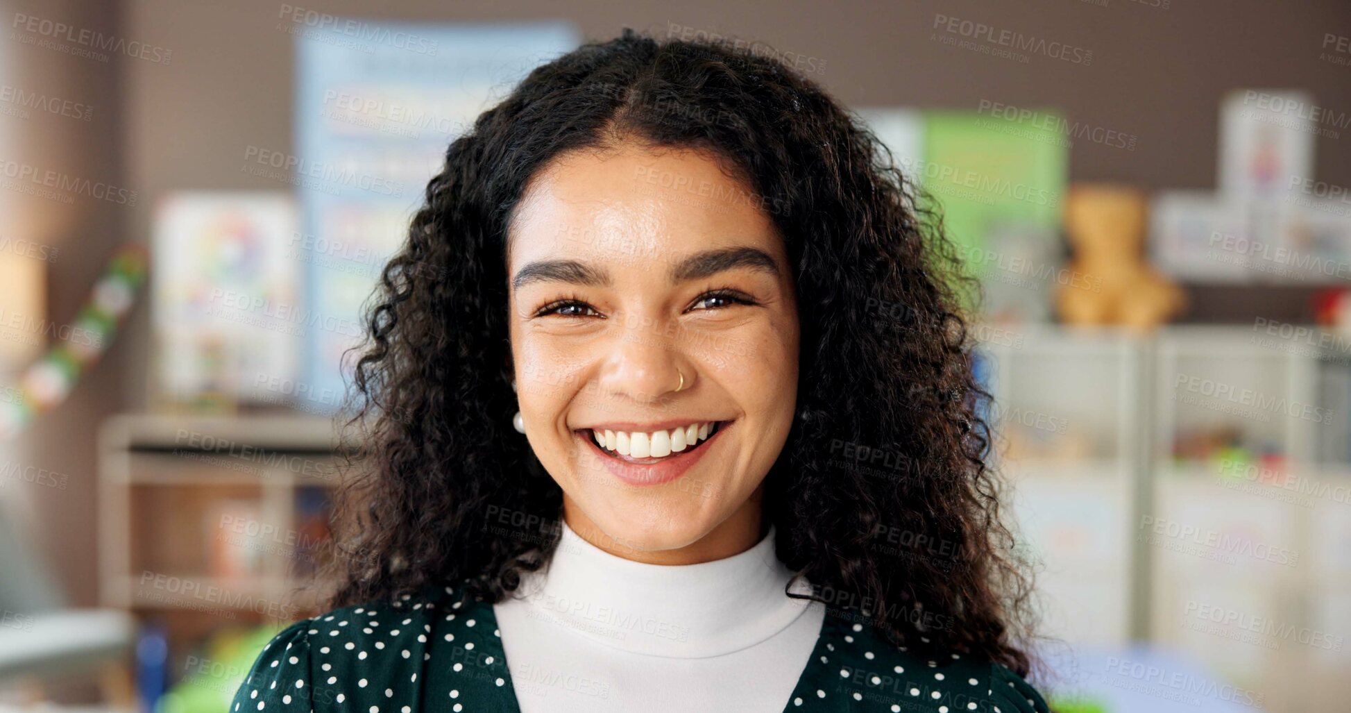 Buy stock photo Woman, teacher and portrait in school with smile, confidence and montessori about us. Educator, kindergarten and happy in classroom for education, career pride and passion for child development