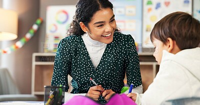 Buy stock photo Smile, woman and teacher with child drawing for learning support, art lesson and kindergarten class. Female person, helping and kid with creative artwork, teaching activity and education development