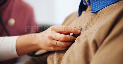 Buy stock photo Stethoscope, listen and hands of nurse with patient for consulting, wellness check up and medical exam. Healthcare, home and person with tools for cardiology, pulmonary service and hear heart beat