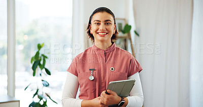Buy stock photo Healthcare worker, nurse and portrait of woman with tablet for telehealth and nursing with internet. Female person, career and technology for job in medical industry as professional at facility