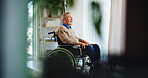 Wheelchair, thinking and senior man in home for nostalgia, vision or remember past memory. Retirement, thoughts and elderly person with disability, daydream or hope for rehabilitation with reflection
